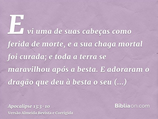 E vi uma de suas cabeças como ferida de morte, e a sua chaga mortal foi curada; e toda a terra se maravilhou após a besta.E adoraram o dragão que deu à besta o 