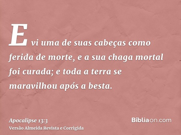 E vi uma de suas cabeças como ferida de morte, e a sua chaga mortal foi curada; e toda a terra se maravilhou após a besta.