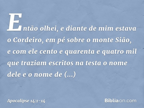 Então olhei, e diante de mim estava o Cordeiro, em pé sobre o monte Sião, e com ele cento e quarenta e quatro mil que traziam escritos na testa o nome dele e o