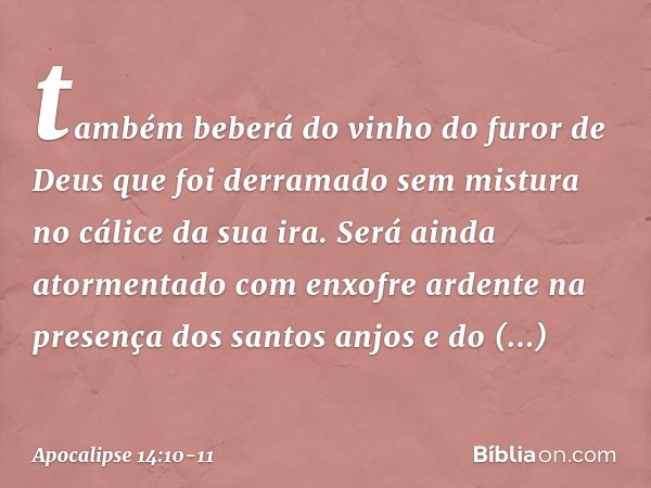 também beberá do vinho do furor de Deus que foi derramado sem mistura no cálice da sua ira. Será ainda atormentado com enxofre ardente na presença dos santos an