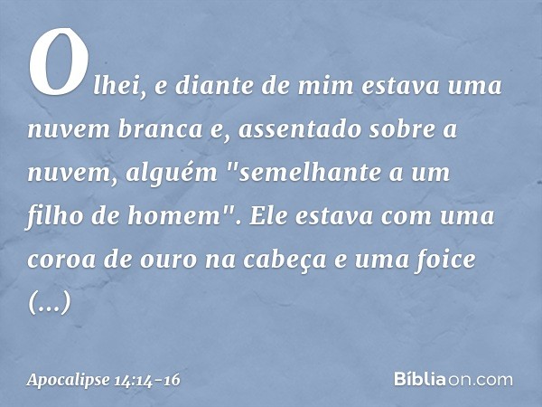 Olhei, e diante de mim estava uma nuvem branca e, assentado sobre a nuvem, alguém "semelhante a um filho de homem". Ele estava com uma coroa de ouro na cabeça e