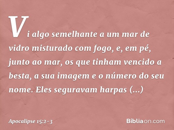 Vi algo semelhante a um mar de vidro misturado com fogo, e, em pé, junto ao mar, os que tinham vencido a besta, a sua imagem e o número do seu nome. Eles segura