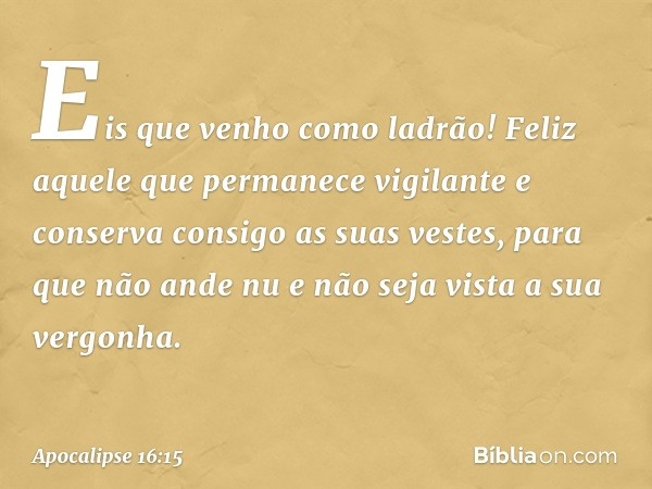 "Eis que venho como ladrão! Feliz aquele que permanece vigilante e conserva consigo as suas vestes, para que não ande nu e não seja vista a sua vergonha." -- Ap