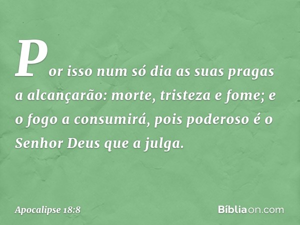 Por isso num só dia
as suas pragas a alcançarão:
morte, tristeza e fome;
e o fogo a consumirá,
pois poderoso é o Senhor Deus que a julga. -- Apocalipse 18:8