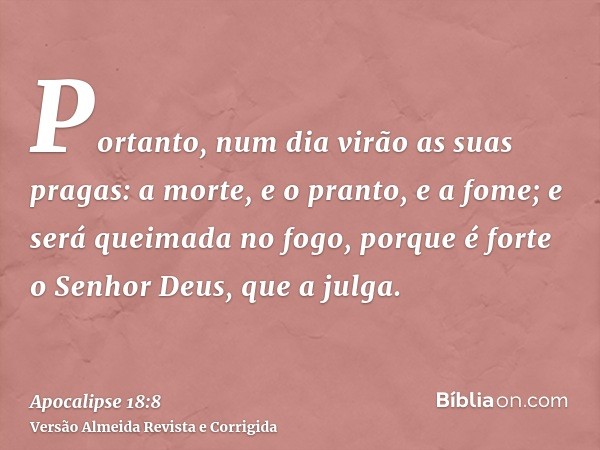 Portanto, num dia virão as suas pragas: a morte, e o pranto, e a fome; e será queimada no fogo, porque é forte o Senhor Deus, que a julga.