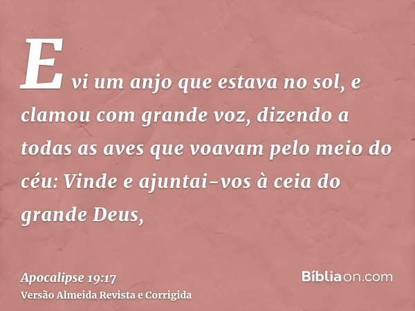 E vi um anjo que estava no sol, e clamou com grande voz, dizendo a todas as aves que voavam pelo meio do céu: Vinde e ajuntai-vos à ceia do grande Deus,