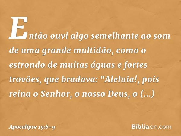 Então ouvi algo semelhante ao som de uma grande multidão, como o estrondo de muitas águas e fortes trovões, que bradava:
"Aleluia!,
pois reina
o Senhor, o nosso