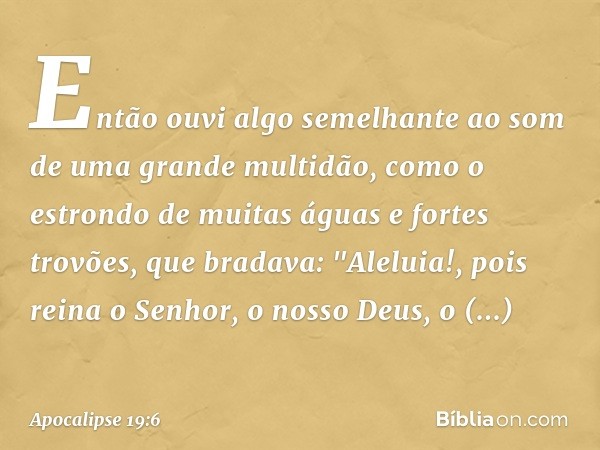 Então ouvi algo semelhante ao som de uma grande multidão, como o estrondo de muitas águas e fortes trovões, que bradava:
"Aleluia!,
pois reina
o Senhor, o nosso