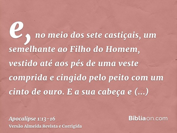 e, no meio dos sete castiçais, um semelhante ao Filho do Homem, vestido até aos pés de uma veste comprida e cingido pelo peito com um cinto de ouro.E a sua cabe