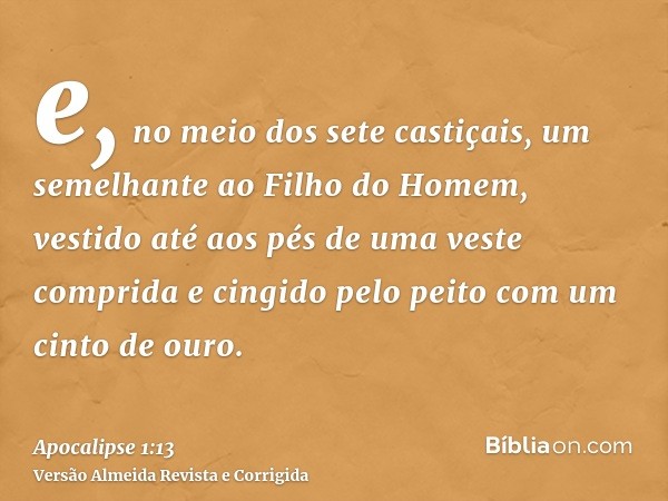 e, no meio dos sete castiçais, um semelhante ao Filho do Homem, vestido até aos pés de uma veste comprida e cingido pelo peito com um cinto de ouro.