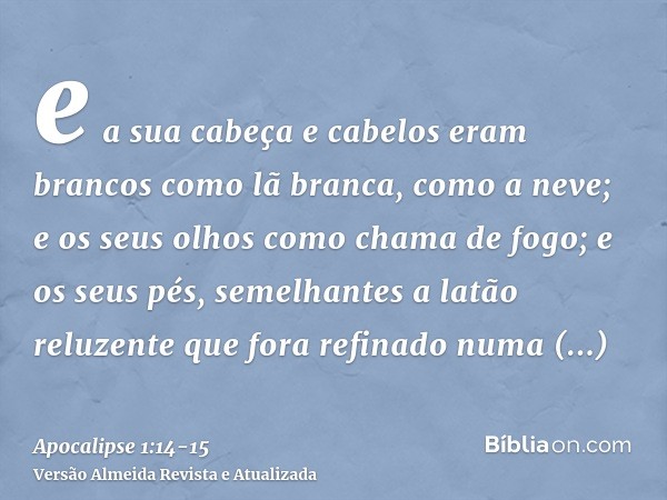 e a sua cabeça e cabelos eram brancos como lã branca, como a neve; e os seus olhos como chama de fogo;e os seus pés, semelhantes a latão reluzente que fora refi