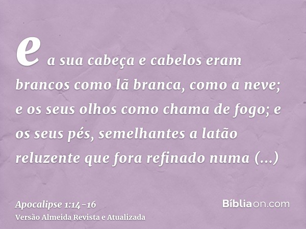 e a sua cabeça e cabelos eram brancos como lã branca, como a neve; e os seus olhos como chama de fogo;e os seus pés, semelhantes a latão reluzente que fora refi