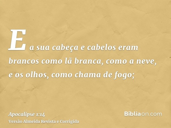 E a sua cabeça e cabelos eram brancos como lã branca, como a neve, e os olhos, como chama de fogo;