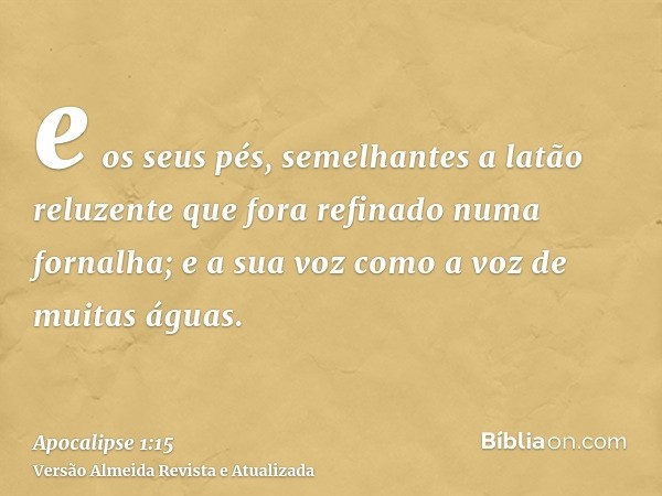 e os seus pés, semelhantes a latão reluzente que fora refinado numa fornalha; e a sua voz como a voz de muitas águas.