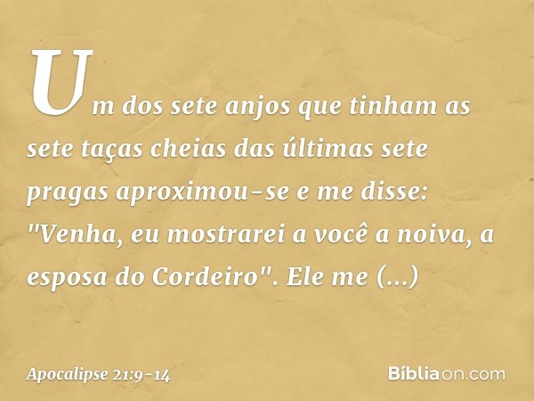 Um dos sete anjos que tinham as sete taças cheias das últimas sete pragas aproximou-se e me disse: "Venha, eu mostrarei a você a noiva, a esposa do Cordeiro". E