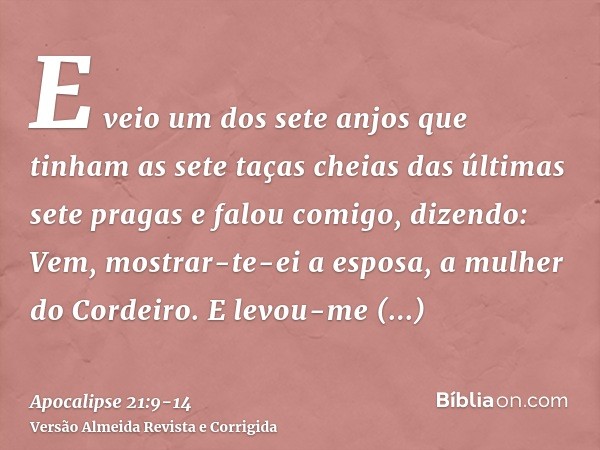 E veio um dos sete anjos que tinham as sete taças cheias das últimas sete pragas e falou comigo, dizendo: Vem, mostrar-te-ei a esposa, a mulher do Cordeiro.E le