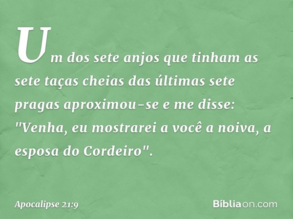 Um dos sete anjos que tinham as sete taças cheias das últimas sete pragas aproximou-se e me disse: "Venha, eu mostrarei a você a noiva, a esposa do Cordeiro". -