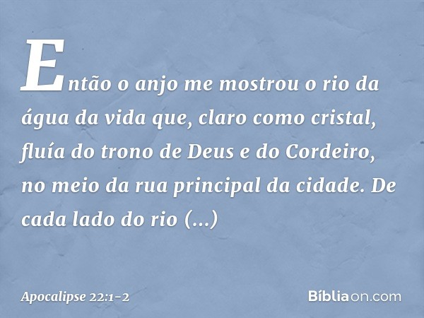 Então o anjo me mostrou o rio da água da vida que, claro como cristal, fluía do trono de Deus e do Cordeiro, no meio da rua principal da cidade. De cada lado do