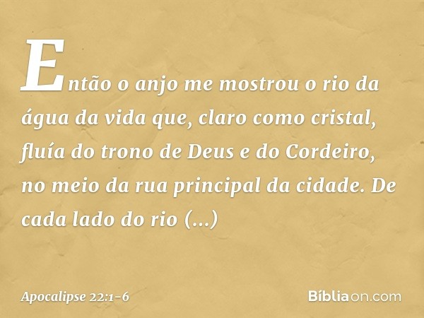 Então o anjo me mostrou o rio da água da vida que, claro como cristal, fluía do trono de Deus e do Cordeiro, no meio da rua principal da cidade. De cada lado do