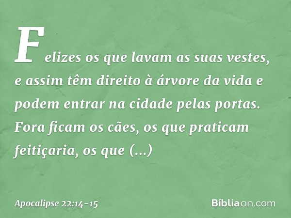 "Felizes os que lavam as suas vestes, e assim têm direito à árvore da vida e podem entrar na cidade pelas portas. Fora ficam os cães, os que praticam feitiçaria