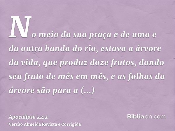 No meio da sua praça e de uma e da outra banda do rio, estava a árvore da vida, que produz doze frutos, dando seu fruto de mês em mês, e as folhas da árvore são