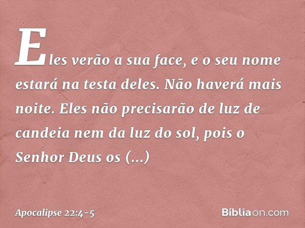 Eles verão a sua face, e o seu nome estará na testa deles. Não haverá mais noite. Eles não precisarão de luz de candeia nem da luz do sol, pois o Senhor Deus os