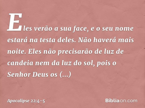 Eles verão a sua face, e o seu nome estará na testa deles. Não haverá mais noite. Eles não precisarão de luz de candeia nem da luz do sol, pois o Senhor Deus os