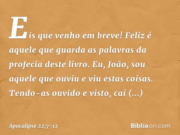 "Eis que venho em breve! Feliz é aquele que guarda as palavras da profecia deste livro". Eu, João, sou aquele que ouviu e viu estas coisas. Tendo-as ouvido e vi