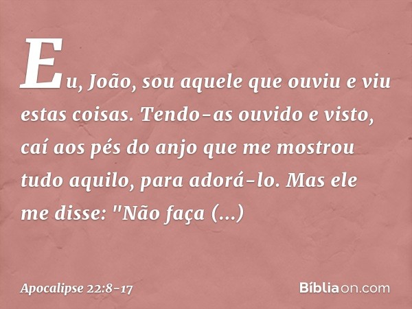 Eu, João, sou aquele que ouviu e viu estas coisas. Tendo-as ouvido e visto, caí aos pés do anjo que me mostrou tudo aquilo, para adorá-lo. Mas ele me disse: "Nã