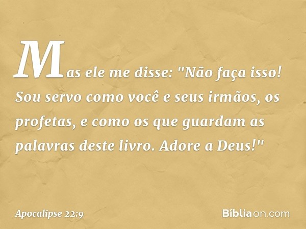 Mas ele me disse: "Não faça isso! Sou servo como você e seus irmãos, os profetas, e como os que guardam as palavras deste livro. Adore a Deus!" -- Apocalipse 22