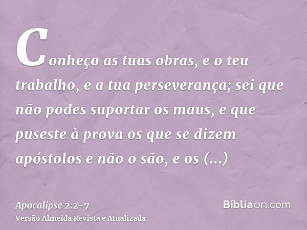 Conheço as tuas obras, e o teu trabalho, e a tua perseverança; sei que não podes suportar os maus, e que puseste à prova os que se dizem apóstolos e não o são, 