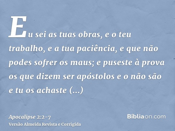 Eu sei as tuas obras, e o teu trabalho, e a tua paciência, e que não podes sofrer os maus; e puseste à prova os que dizem ser apóstolos e o não são e tu os acha