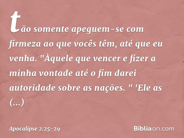 tão somente apeguem-se com firmeza ao que vocês têm, até que eu venha. "Àquele que vencer e fizer a minha vontade até o fim darei autoridade sobre as nações. " 