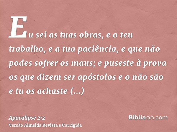 Eu sei as tuas obras, e o teu trabalho, e a tua paciência, e que não podes sofrer os maus; e puseste à prova os que dizem ser apóstolos e o não são e tu os acha