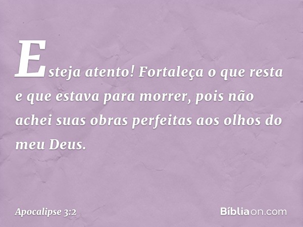 Esteja atento! Fortaleça o que resta e que estava para morrer, pois não achei suas obras perfeitas aos olhos do meu Deus. -- Apocalipse 3:2