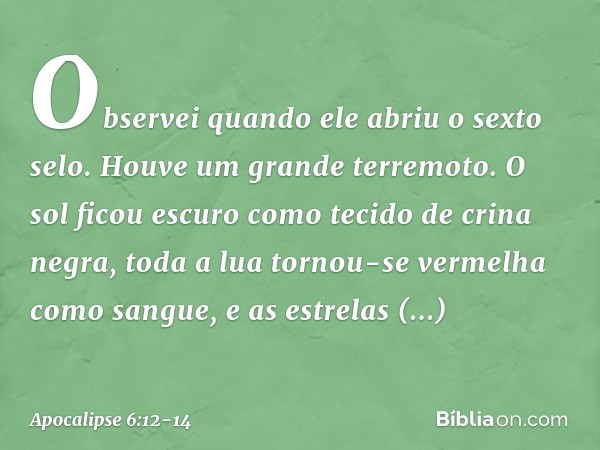 Observei quando ele abriu o sexto selo. Houve um grande terremoto. O sol ficou escuro como tecido de crina negra, toda a lua tornou-se vermelha como sangue, e a