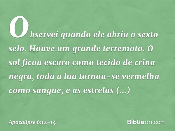 Observei quando ele abriu o sexto selo. Houve um grande terremoto. O sol ficou escuro como tecido de crina negra, toda a lua tornou-se vermelha como sangue, e a