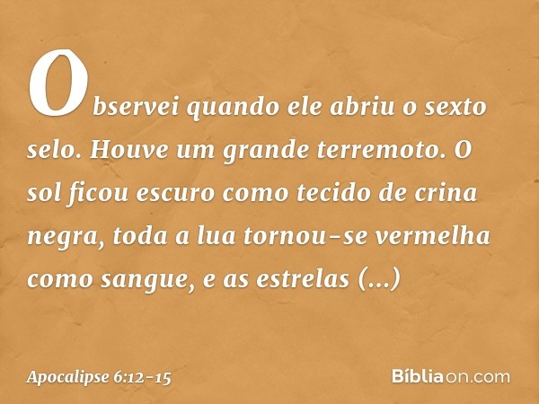 Observei quando ele abriu o sexto selo. Houve um grande terremoto. O sol ficou escuro como tecido de crina negra, toda a lua tornou-se vermelha como sangue, e a