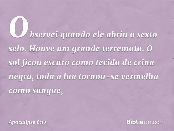 Observei quando ele abriu o sexto selo. Houve um grande terremoto. O sol ficou escuro como tecido de crina negra, toda a lua tornou-se vermelha como sangue, -- 