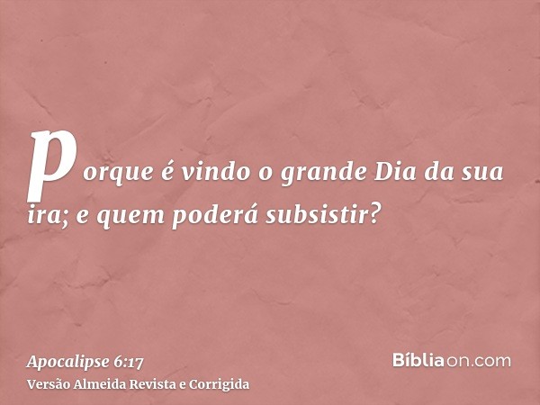 porque é vindo o grande Dia da sua ira; e quem poderá subsistir?