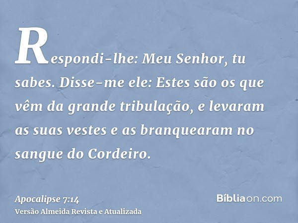 Respondi-lhe: Meu Senhor, tu sabes. Disse-me ele: Estes são os que vêm da grande tribulação, e levaram as suas vestes e as branquearam no sangue do Cordeiro.