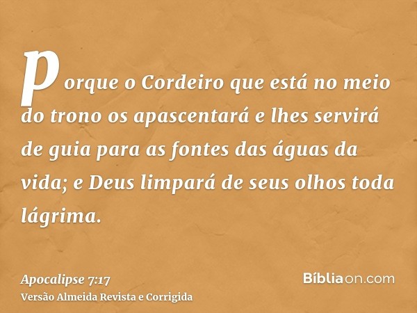 porque o Cordeiro que está no meio do trono os apascentará e lhes servirá de guia para as fontes das águas da vida; e Deus limpará de seus olhos toda lágrima.