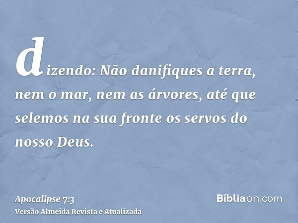 dizendo: Não danifiques a terra, nem o mar, nem as árvores, até que selemos na sua fronte os servos do nosso Deus.