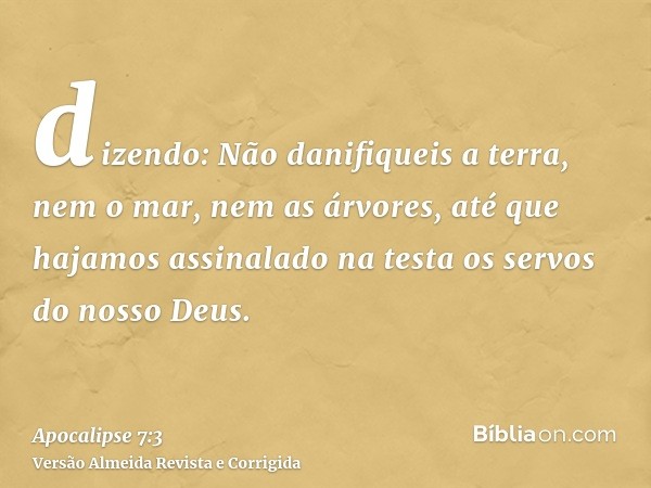dizendo: Não danifiqueis a terra, nem o mar, nem as árvores, até que hajamos assinalado na testa os servos do nosso Deus.