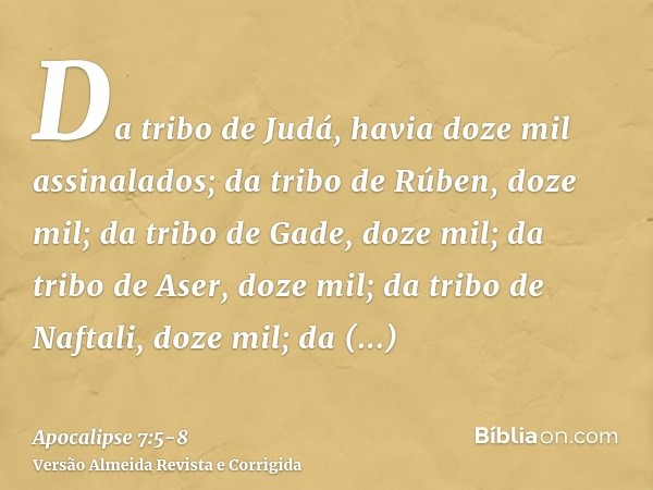 Da tribo de Judá, havia doze mil assinalados; da tribo de Rúben, doze mil; da tribo de Gade, doze mil;da tribo de Aser, doze mil; da tribo de Naftali, doze mil;