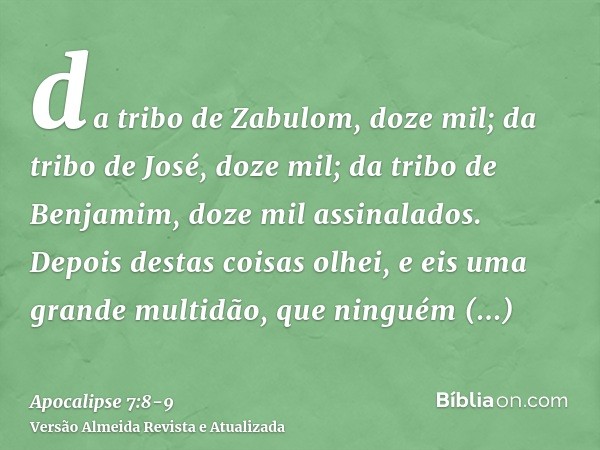 da tribo de Zabulom, doze mil; da tribo de José, doze mil; da tribo de Benjamim, doze mil assinalados.Depois destas coisas olhei, e eis uma grande multidão, que