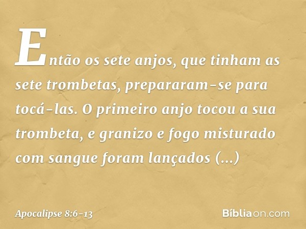 Então os sete anjos, que tinham as sete trombetas, prepararam-se para tocá-las. O primeiro anjo tocou a sua trombeta, e granizo e fogo misturado com sangue fora