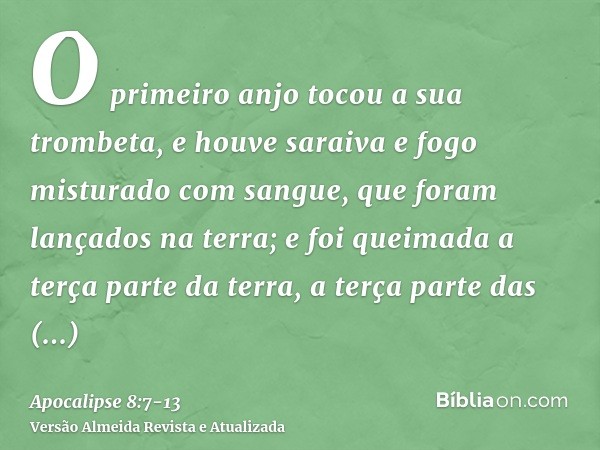 O primeiro anjo tocou a sua trombeta, e houve saraiva e fogo misturado com sangue, que foram lançados na terra; e foi queimada a terça parte da terra, a terça p