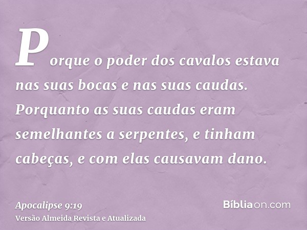 Porque o poder dos cavalos estava nas suas bocas e nas suas caudas. Porquanto as suas caudas eram semelhantes a serpentes, e tinham cabeças, e com elas causavam