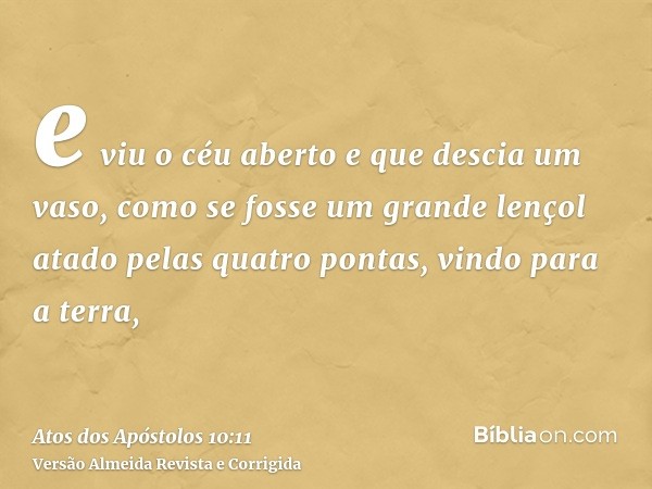 e viu o céu aberto e que descia um vaso, como se fosse um grande lençol atado pelas quatro pontas, vindo para a terra,